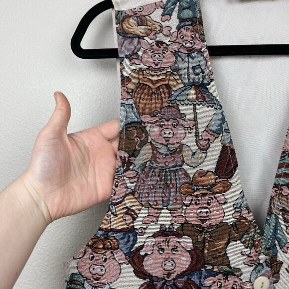 Vtg Facets By Mirrors Men's Medium Pig Print Tapestry Vest Quirky Piggy Button - Picture 4 of 16
